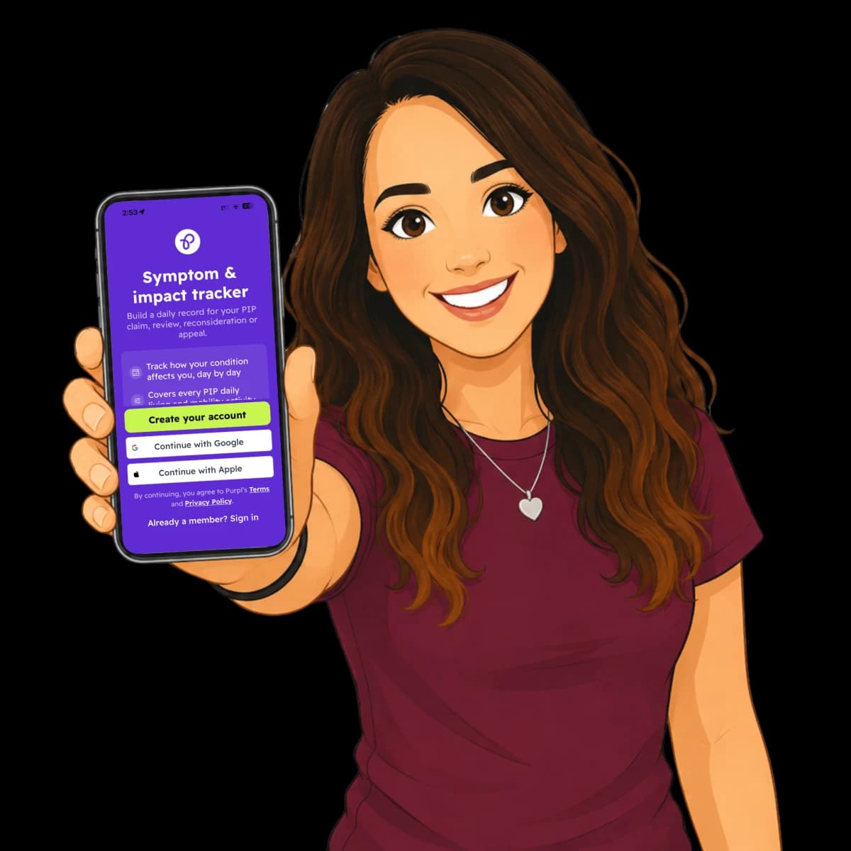 Illustration of a woman holding a phone showing the Purpl PIP & ADP Tracker sign-up screen.