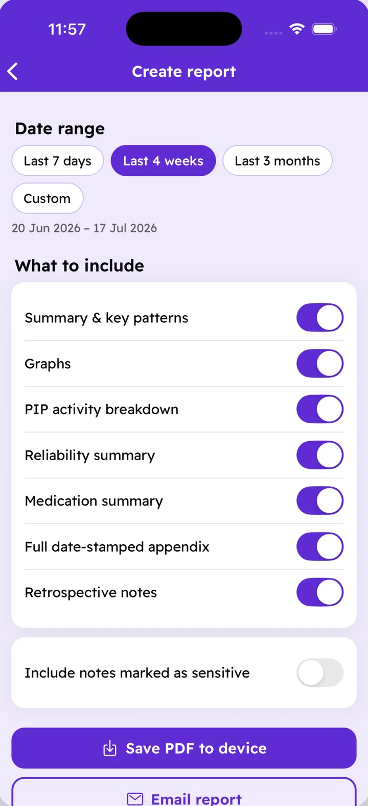 The Create report screen, choosing a date range and which sections to include before saving a PDF or emailing the report.