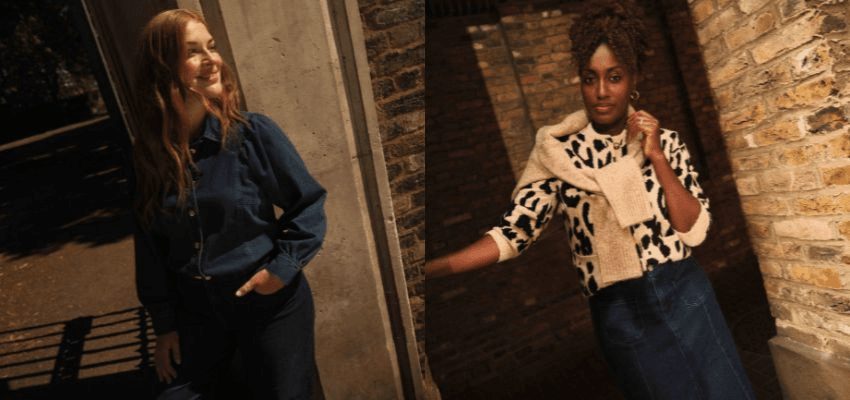 Women model modern denim and chic autumn styles from JD Williams, with a focus on inclusive fashion. Shopping discounts for disabled people with Purpl.