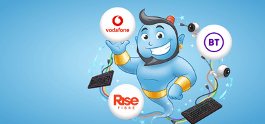Broadband genie promo image with vodafone bt and rise fibre Purpl disabled discounts members save on broadband deals