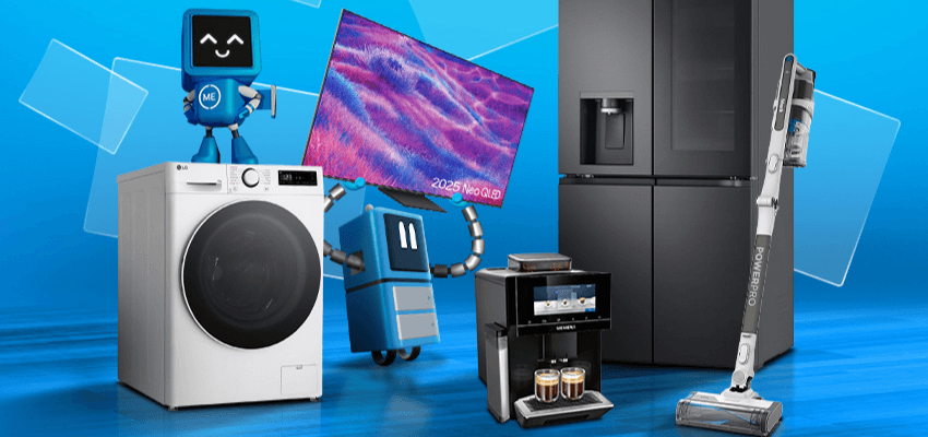 A selection of household electrical appliances including a washing machine, TV, refrigerator, coffee machine, and vacuum cleaner, with two friendly robot characters