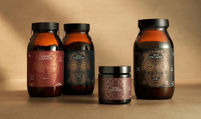 Four Ancient + Brave collagen jars arranged on a warm-toned background, showcasing Radiant, Wild, Noble, and True Collagen – ideal for beauty and wellness-focused disabled adults seeking premium nutritional support