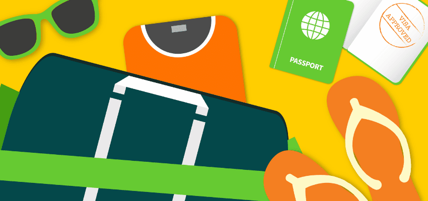 Colourful travel items including a suitcase passport flip flops sunglasses and clothing arranged on a yellow background Purpl discounts shopping discounts for disabled people disabled travel discounts UK accessibility discounts UK mobility discounts and offers savings for people with long term health conditions cost of living help for disabled people