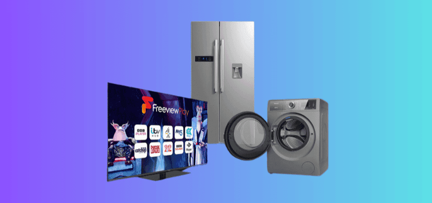 Image showcasing home appliances including a smart TV with Freeview, a silver refrigerator, and a washing machine, against a gradient blue-to-purple background