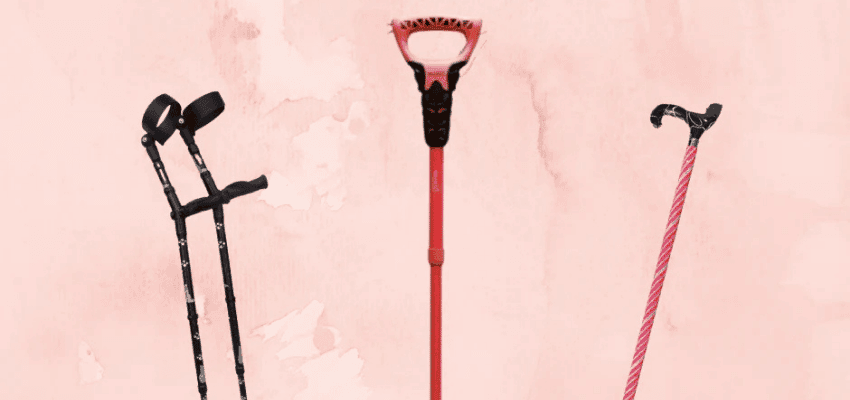 Three fashionable mobility aids from Glamsticks, including black crutches, a coral walking stick, and a pink candy-striped cane, displayed on a pink background. Highlighting Purpl's exclusive disabled discounts for stylish and customisable mobility aids in the UK.