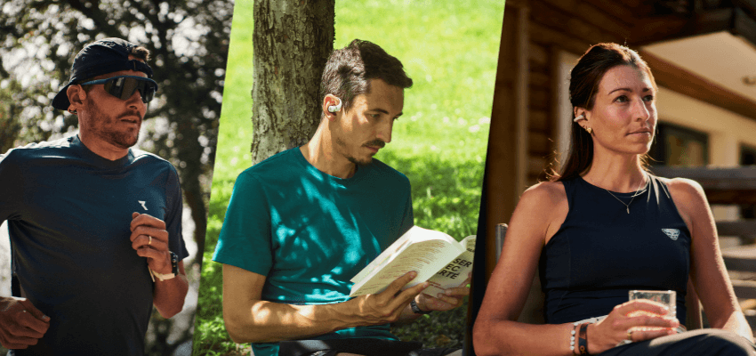 Runners and a reader wearing Shokz earphones; Purpl discounts for disabilities and long term health conditions, mobility discounts and offers.