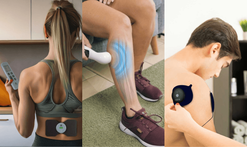 People using Med-Fit pain relief and recovery devices at home including a TENS unit, muscle massager and electrotherapy patch. Mobility discounts and offers for disabled people to support independent wellbeing.
