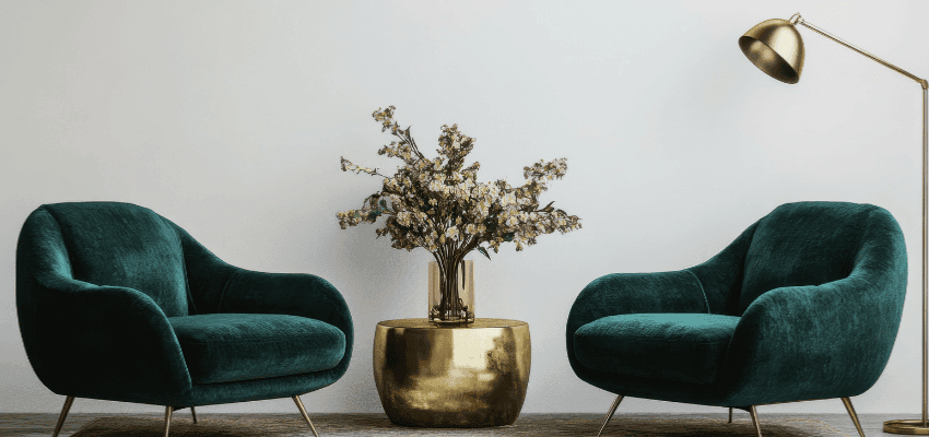 Two green armchairs with a gold side table and flowers in a modern living room Purpl discounts shopping discounts for disabled people accessibility discounts UK mobility discounts and offers savings for people with long term health conditions cost of living help for disabled people