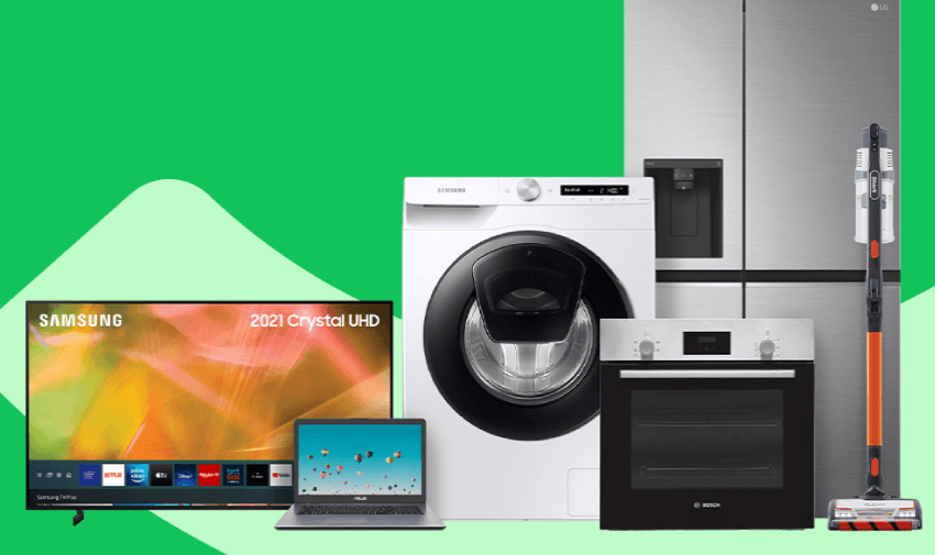 A full range of home electronics including a Samsung smart TV, ASUS laptop, Bosch oven, Samsung washing machine, LG fridge freezer, and cordless vacuum cleaner, perfect for smart accessible living and available through shopping discounts for disabled people in the UK. 