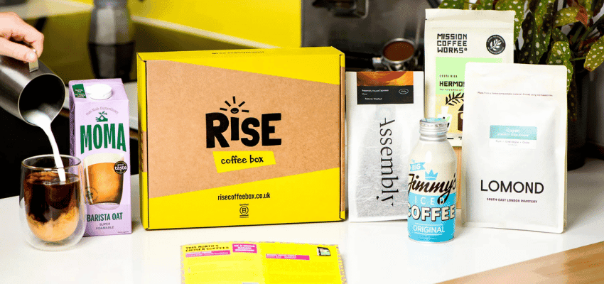 Rise coffee brand promo image with mixed coffee bags Purpl disabled discounts members save on speciality coffee subscriptions