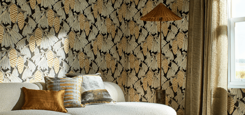 Living room with patterned wallpaper and lamp, Wallpaper Direct, Purpl discounts for disabilities and long term health conditions, mobility discounts and offers.