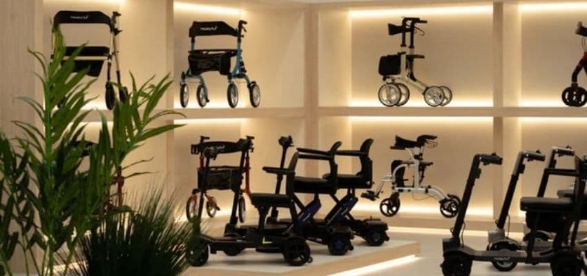 Mobility scooters and rollators displayed in showroom, MobilityPlus Purpl discounts for disabilities and long term health conditions, mobility discounts and offers.