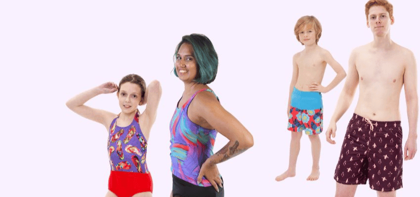 Group wearing vibrant adaptive swimwear, including adults and children, showcasing Incy Wincy’s inclusive designs available with Purpl disabled discounts UK.