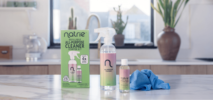 Natrie refillable all purpose cleaner starter kit with spray bottle, concentrated refill and blue cloth, available with Purpl discounts for people with disabilities and long-term health conditions.