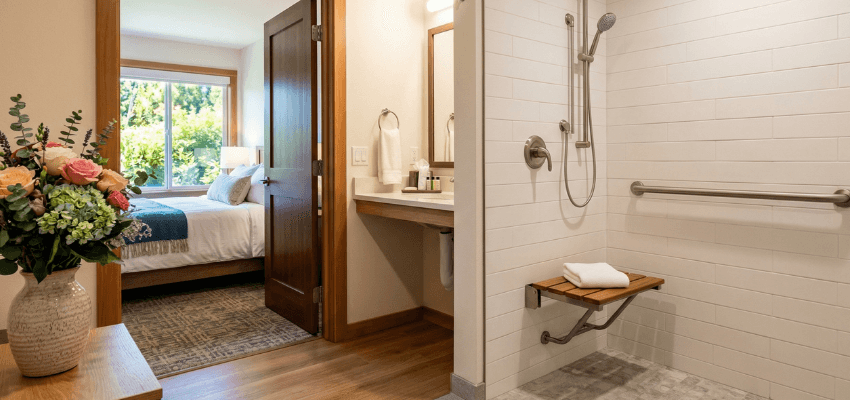 Accessible hotel bathroom with walk-in shower, Purpl discounts for disabilities and long term health conditions, disabled travel discounts UK.