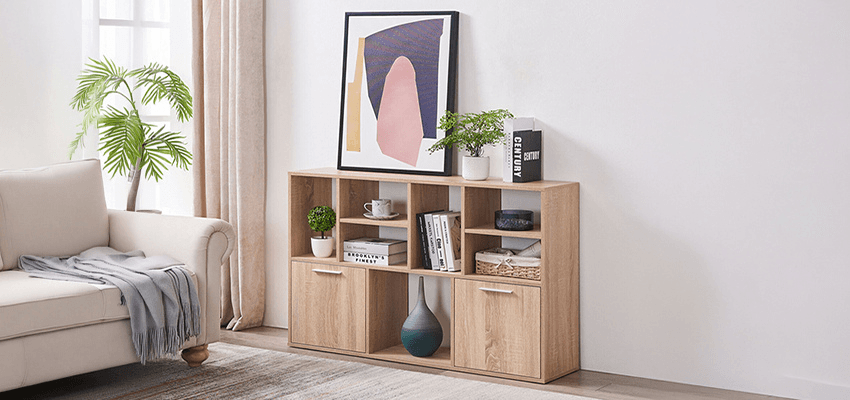 Wooden shelving unit styled with plants, The Range—Purpl discounts for disabilities and long term health conditions, shopping discounts for disabled people.
