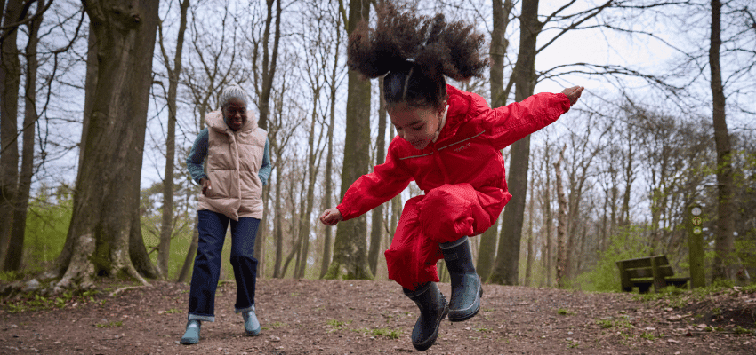 Child in Regatta waterproofs jumping outdoors, showing Regatta savings for disabled people and mobility needs.