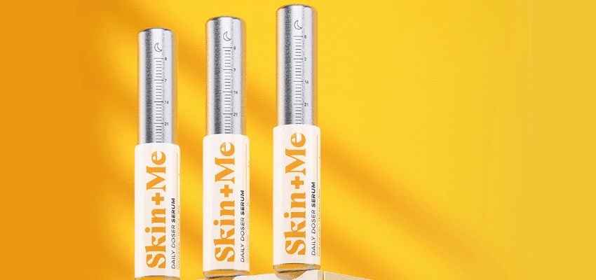 Three Skin + Me serum bottles on yellow background, Purpl discounts for disabilities and long term health conditions, shopping discounts for disabled people.