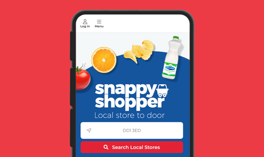 Mobile phone screen showing Snappy Shopper homepage with a tomato, orange slice, crisps and milk above the search bar that says ‘Local store to door’, ready for postcode entry and local grocery delivery for people with disabilities.