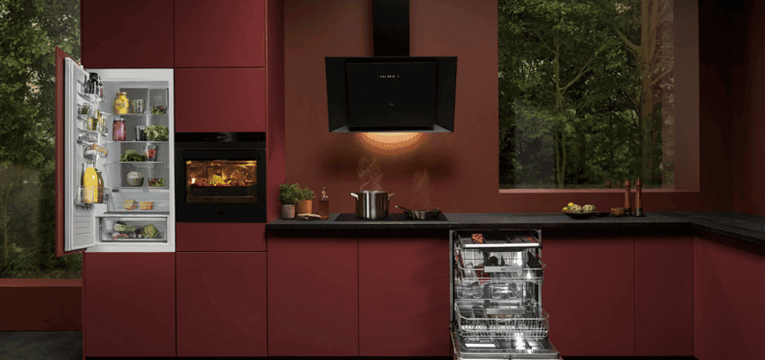 Modern red kitchen with AEG appliances, Purpl discounts for disabilities and long term health conditions, mobility discounts and offers.