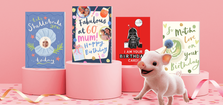 Birthday cards display on pink plinths, Purpl discounts for disabilities and long term health conditions, shopping discounts for disabled people.