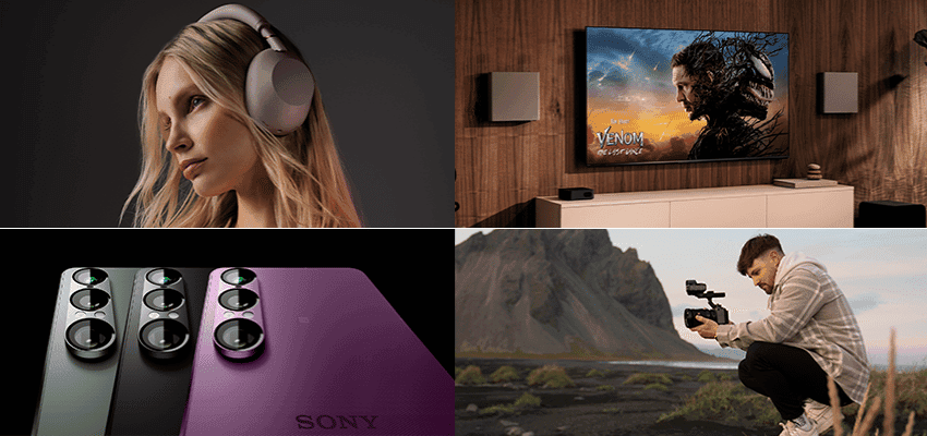 Sony promo collage of headphones, TV, Xperia and camera, Purpl discounts for disabilities and long term health conditions, shopping discounts for disabled people.