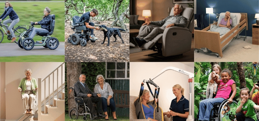 Mobility and care collage image, Millercare Purpl discounts for disabilities and long term health conditions, mobility discounts and offers.