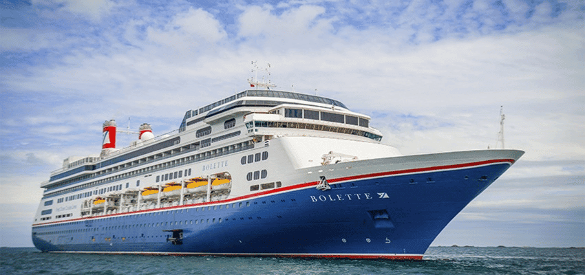 Fred Olsen cruise ship sailing at sea promoting accessible cruise holidays with disabled travel discounts in the UK