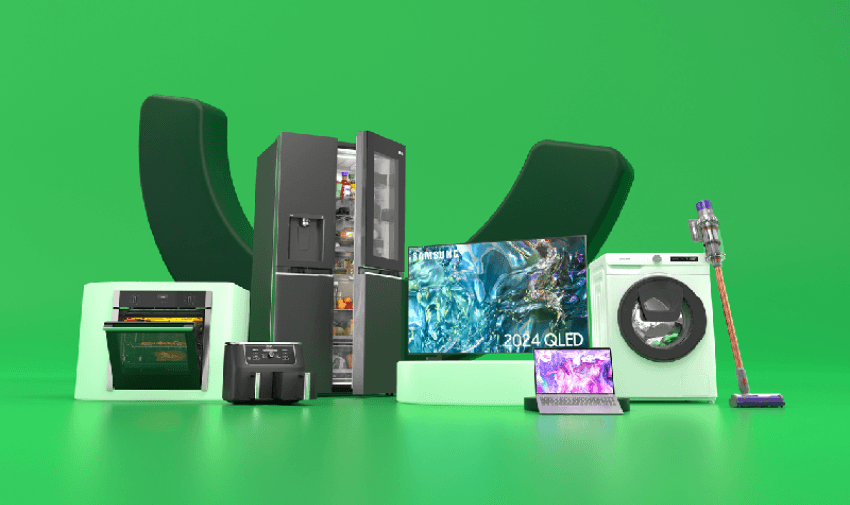 A collection of modern home appliances and electronics, including an oven, air fryer, refrigerator, television, laptop, washing machine, and vacuum cleaner, all displayed on a vibrant green background, highlighting shopping discounts for disabled people.