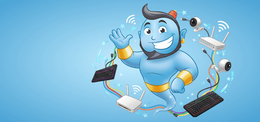 Cartoon genie surrounded by broadband routers and computer accessories promoting affordable internet deals with disabled discounts in the UK