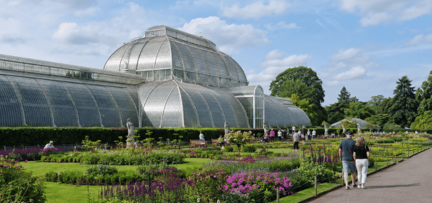 Glasshouse and gardens at Royal Botanic Gardens Kew, Purpl discounts for disabilities and long term health conditions, disabled travel discounts UK.