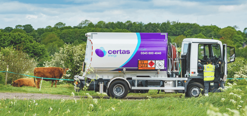 Certas energy delivery truck in countryside Purpl disabled discounts members save on heating oil and home energy services