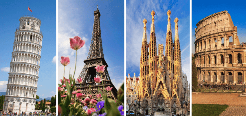 “Collage of famous European landmarks including Pisa Eiffel Tower Sagrada Familia and Colosseum promoting day trip deals with disabled travel discounts in the UK