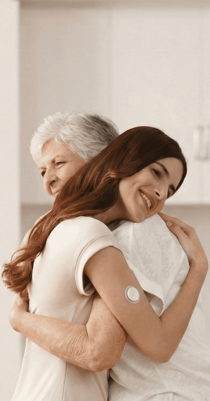 Smiling woman hugging an older parent while wearing a glucose monitor, Sinocare diabetes support.