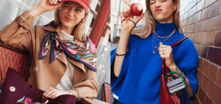 Two women showcasing colourful fashion accessories, Accessorize Purpl discounts for disabilities and long term health conditions, mobility discounts and offers.