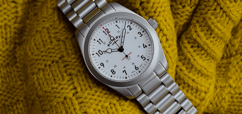 Silver Rotary Watches wristwatch on knit fabric, Purpl discounts for disabilities and long term health conditions, shopping discounts for disabled people.
