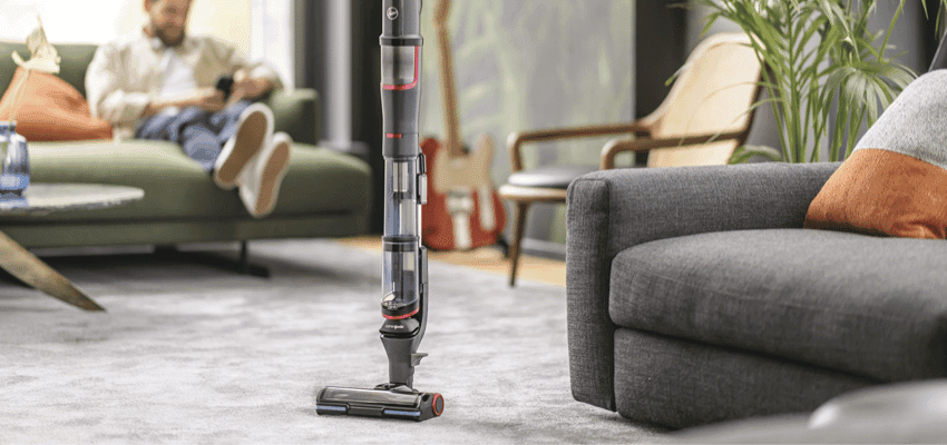 Cordless Hoover vacuum cleaner in a bright living room, ideal for accessibility and ease of cleaning, featured in Purpl mobility and home discounts.