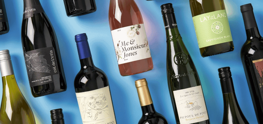 Assorted wine bottles on blue background, Naked Wines; Purpl discounts for disabilities and long term health conditions, shopping discounts for disabled people.
