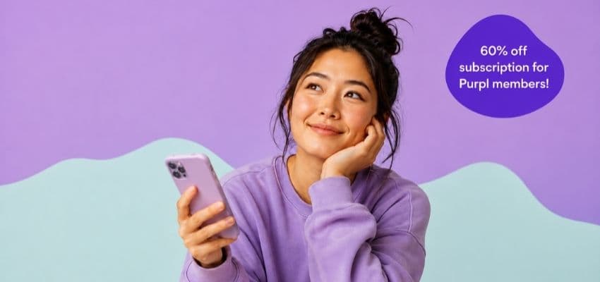 Woman holding phone on purple background; Romi Purpl discounts for disabilities and long term health conditions, mobility discounts and offers.