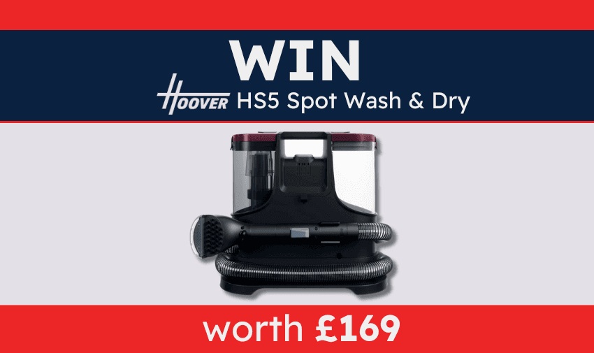 Hoover HS5 Spot Wash & Dry portable carpet and upholstery cleaner in black and silver with a detachable hose, promoted in a Purpl competition to win the appliance worth £169, ideal for home cleaning and stain removal with disabled discounts UK.