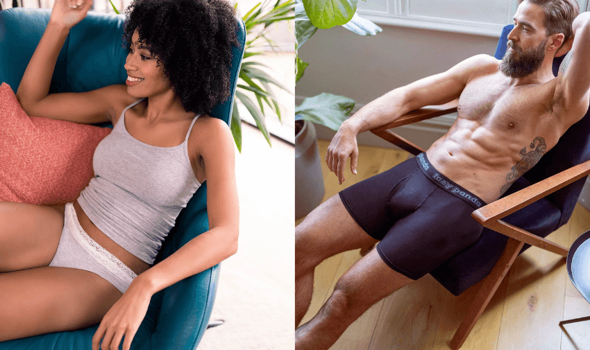Two models lounging in Lazy Panda sustainable bamboo underwear – a woman in a light grey bra and briefs set and a man in fitted black boxer shorts – promoting eco-friendly, breathable and comfortable everyday essentials.