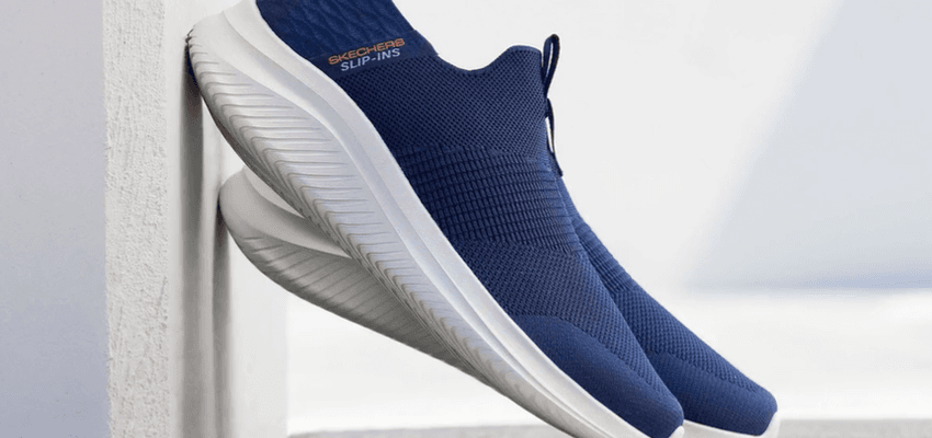 Skechers slip ins trainers in navy blue promo image highlighting comfort fit and Purpl disabled discounts member savings