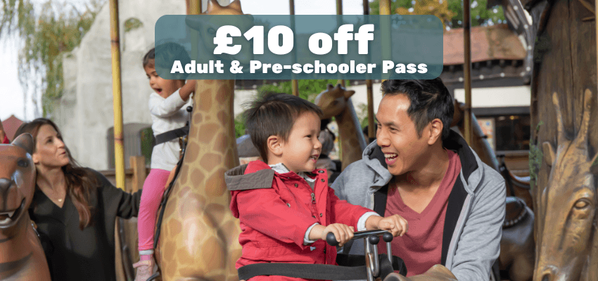 Smiling dad with child on carousel ride enjoying family day out with £10 off adult and pre schooler pass, Shopping Discounts for Disabled People and Family Attraction Offers UK.