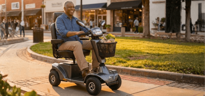 Smiling man riding a mobility scooter with basket, Essential Aids Purpl discounts for disabilities and long term health conditions, mobility discounts and offers.