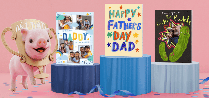 Father’s Day cards on podiums, Moonpig Purpl discounts for disabilities and long term health conditions, shopping discounts for disabled people.