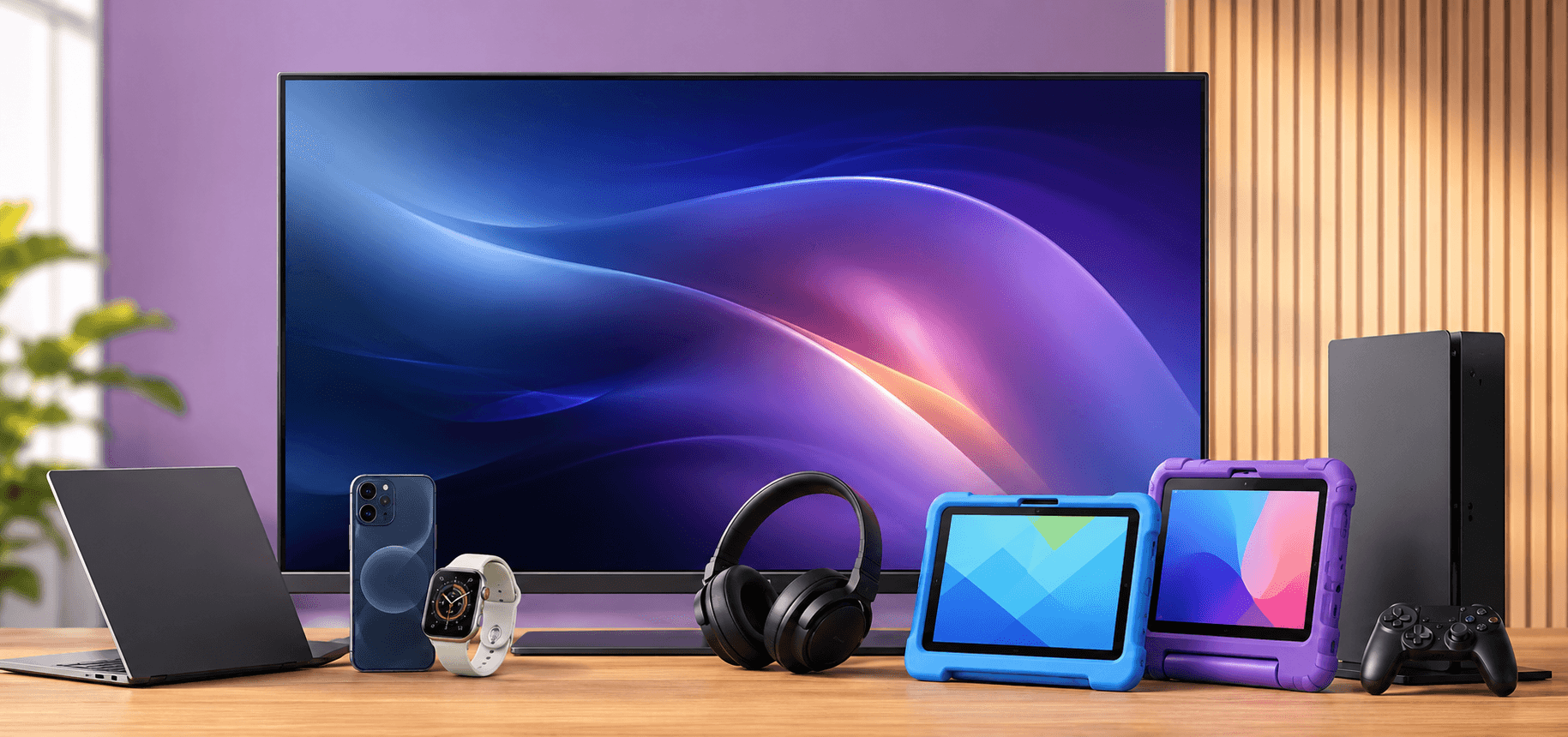 Electronics gadgets on desk with TV, eBay Purpl discounts for disabilities and long term health conditions, shopping discounts for disabled people.