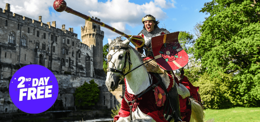 Knight on horseback outside Warwick Castle, Purpl discounts for disabilities and long term health conditions, mobility discounts and offers.