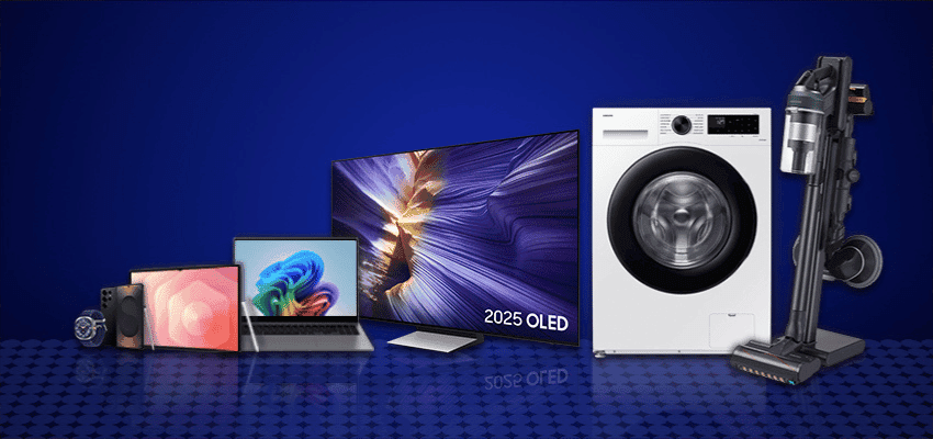 Samsung promo image with tv laptop tablet washing machine and vacuum Purpl disabled discounts members save on home appliances and tech deals