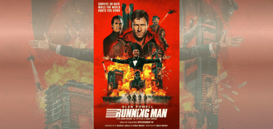 Fiery movie poster for “The Running Man” starring Glen Powell, set in a dystopian city with explosions. Highlights latest accessible movie screenings through Cinema Society discounts.