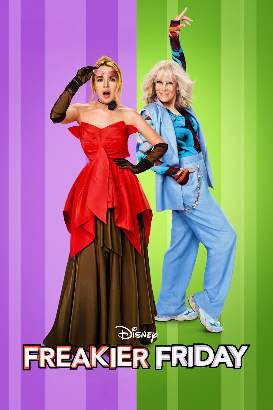 Promotional image for 'Freakier Friday' by Disney. Two women stand side by side against a colourful background, exuding playful energy.